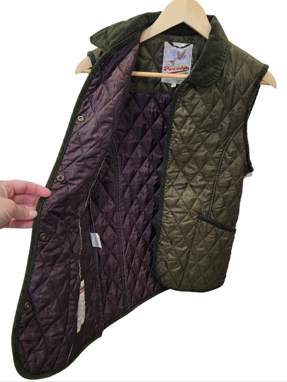 John Partridge English Clothing Olive Green Quilted Vest Corduroy Trim Women’s M - Picture 6 of 17